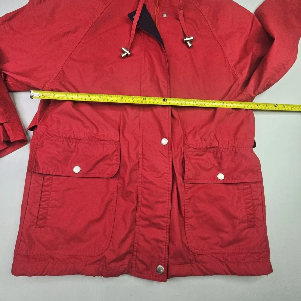 London Fog Hooded Parka Jacket Medium Red Full Zip Button Front Outdoor
